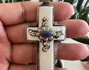 Bone carved Cross with Lapis pendant, Tibetan repousse silver, 3x1 inches (B-38)