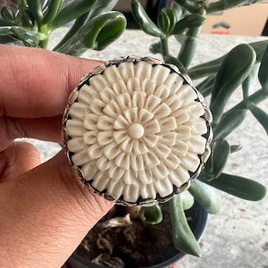 May include: A large, cream-colored ring with a floral design. The ring's face features a detailed, carved pattern resembling a flower, set in a silver-toned metal band. The ring is held up in front of a green plant.