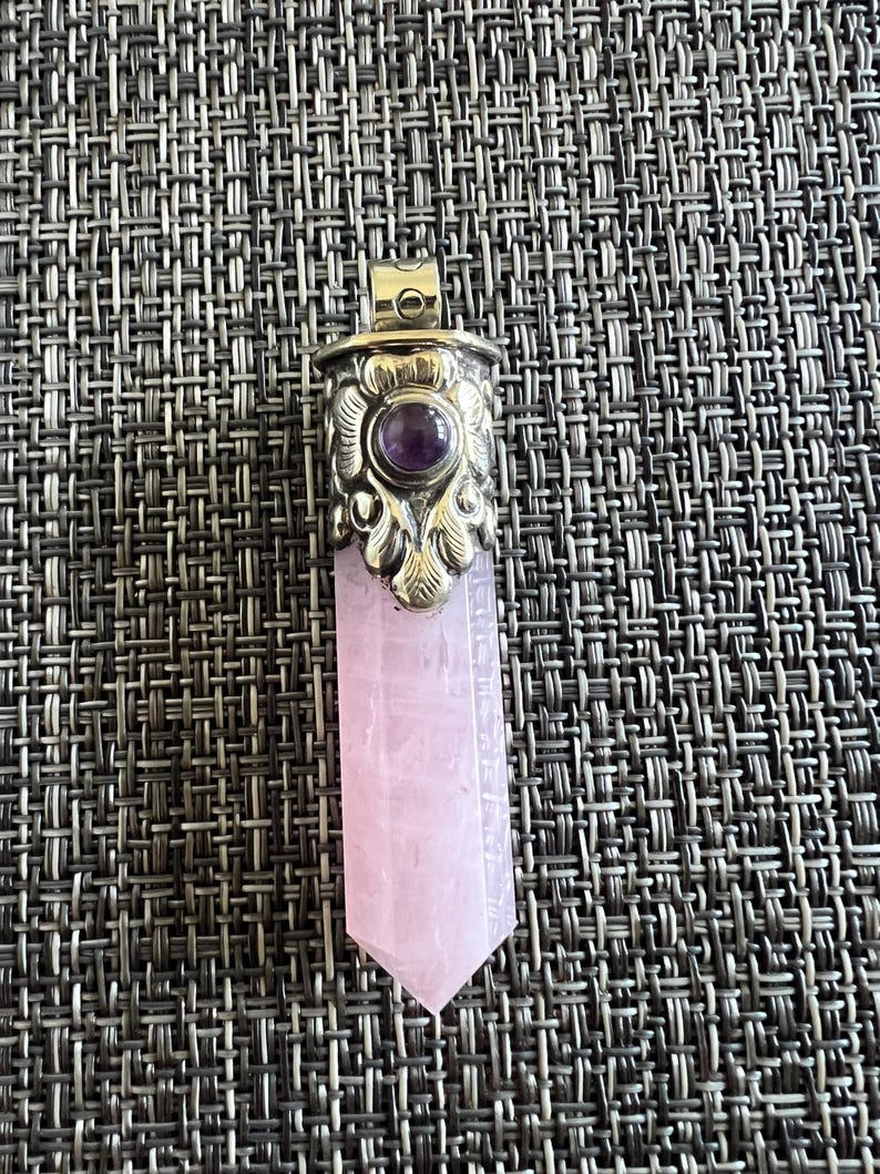 Handmade Pointed Rose Quartz Pendant, Spiritual , Tibetan silver, Healing, 2.5x.50 inches(P-49) image 2