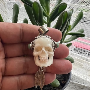Bone carved skull pendant set with turquoise or coral , handcrafted, Nepalese, skull pendant, Tibetan silver (P-166)