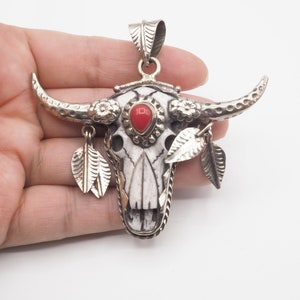 Hand Carved Bull Head with Coral Pendant, Tibetan Silver, Coral, Handcrafted, Nepalese , Bone  Carved  (A-9)