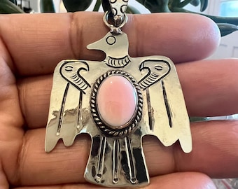 Handcrafted Thunder bird with queen conch shell pendant, Ethnic Jewelry, Tibetan repousse silver, 3x1.75 inches (B-11)