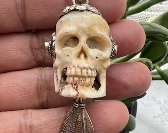 Bone carved Skull pendant set with coral , Handcrafted, Skull  pendant, Tibetan silver, 3x1 inches (B-3)