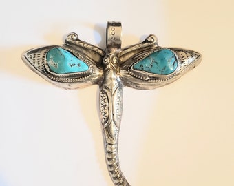 Dragonfly with Natural Turquoise Pendant, Tibetan silver Pendant (P-8)