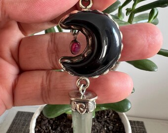Handcrafted Crescent Moon Pendant, Black Onyx,  Moonstone, himalayan crystal, 3x1 inches (A-21)