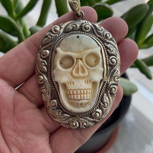 Large Hand Carved Skull Pendant, Tibetan Silver, Skull, Handcrafted, Bone Carved, NepaleseP-170)