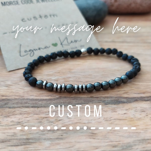 Custom Lava Morsecode bracelet. Minimalist essential oil diffuser bracelet unisex, delicate 4mm natural stone and hematite