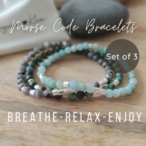 Beaded morse code bracelet set BREATHE-RELAX-ENJOY handmade jewelry. Aquamarine, turquoise and grey stone beads with silver, gold, rosegold