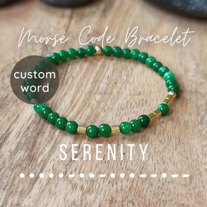 Custom Jade beaded Morse Code Bracelet SERENITY. Handmade jade bracelet for women with dainty green jade and gold hematite