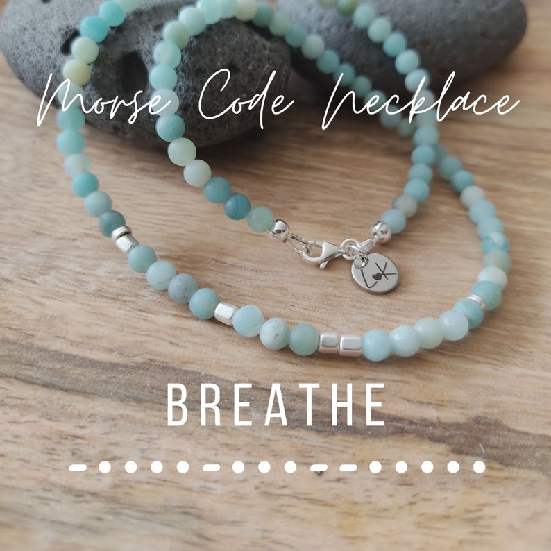 gold or rose gold hematite Dainty blue Amazonite Stone beads and silver Aquamarine beaded Choker necklace with Morse Code Message BREATHE