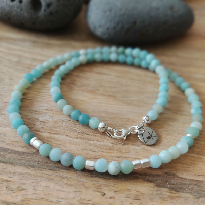 gold or rose gold hematite Dainty blue Amazonite Stone beads and silver Aquamarine beaded Choker necklace with Morse Code Message BREATHE