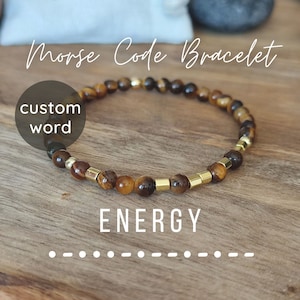 Tiger Eye Bracelet Morse Code Bracelet ENERGY Motivational Gift for women Gold Bracelet Personalized Gemstone Bracelet for her Dainty Stone