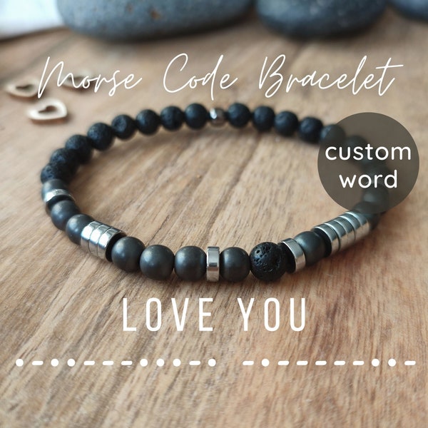 Pulsera de Lava para Hombre con código Morse LOVE YOU. Pulsera personalizada con cuentas de Lava y hematita. Morse Code Bracelet para él