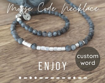gold or rose gold hematite Dainty blue Amazonite Stone beads and silver Aquamarine beaded Choker necklace with Morse Code Message BREATHE