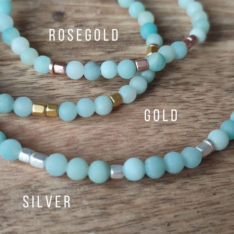 gold or rose gold hematite Dainty blue Amazonite Stone beads and silver Aquamarine beaded Choker necklace with Morse Code Message BREATHE