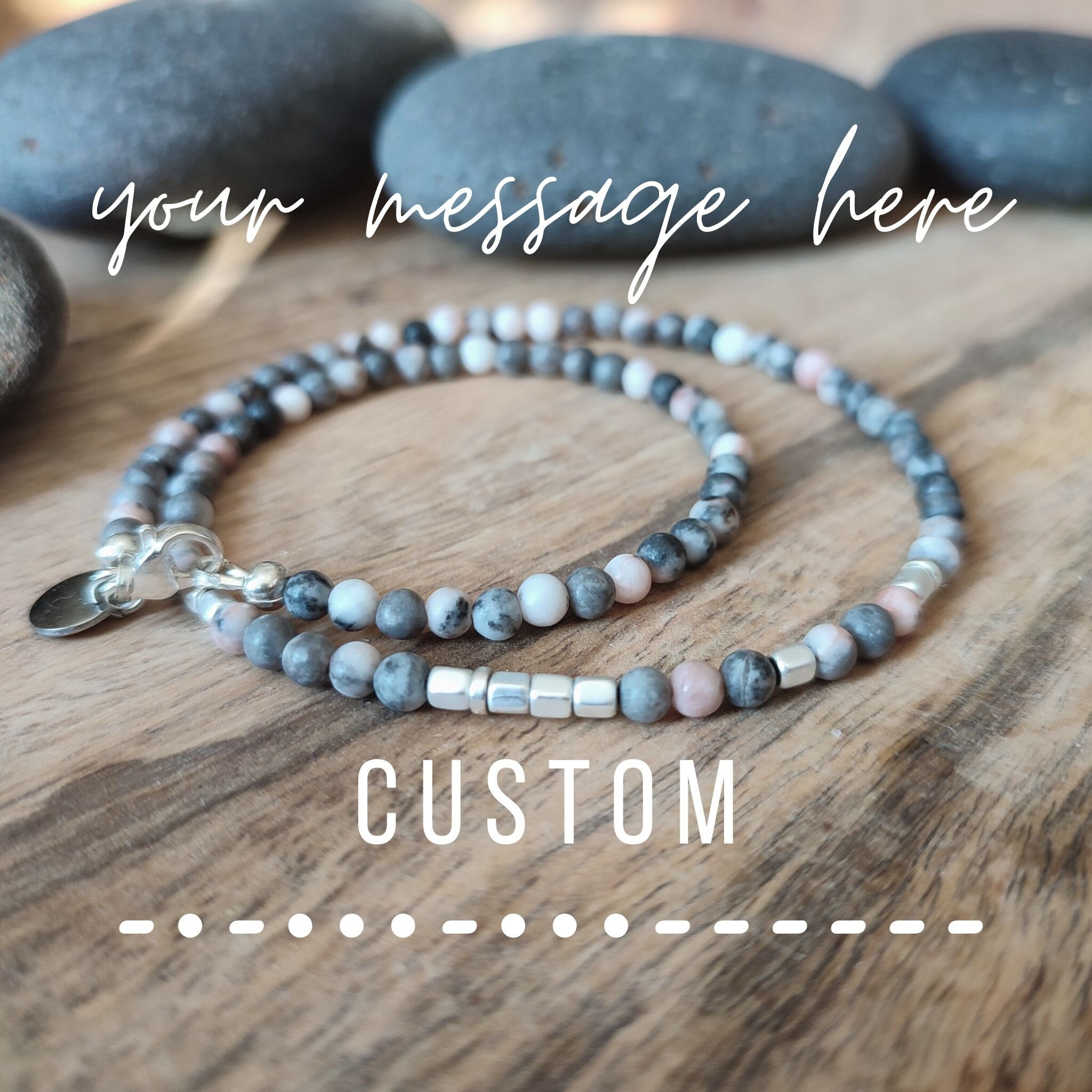 gold or rose gold hematite Dainty blue Amazonite Stone beads and silver Aquamarine beaded Choker necklace with Morse Code Message BREATHE