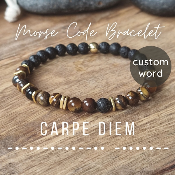 Personalisiertes Herren Morse Code Armband mit Tigerauge und Lava CARPE DIEM. Personalisiertes Geschenk für Ihn. Herrenarmband Gold