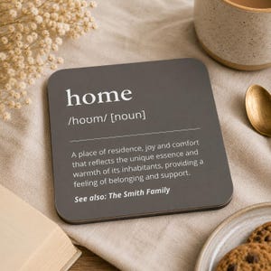Puede incluir: Un posavasos cuadrado de color gris oscuro con texto en blanco que define la palabra home como un lugar de residencia, alegría y confort. El texto incluye la ortografía fonética, la clasificación como sustantivo y See also: The Smith Family.