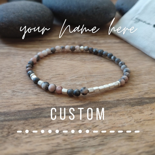 Custom name beaded Morse Code bracelet with PINK ZEBRA natural stone jasper and hematite. Personalized bracelet in silver, gold or rose gold