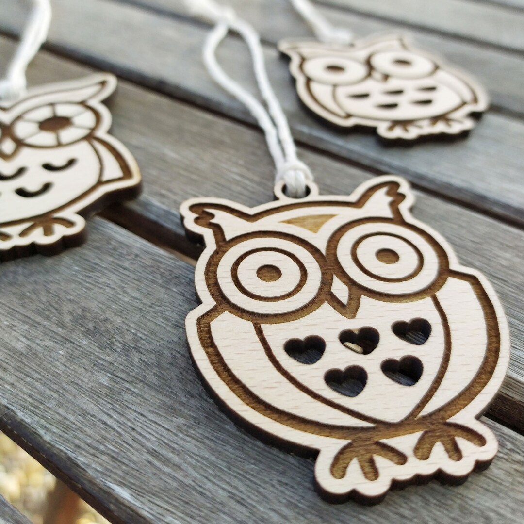 3 Wooden Owl Ornaments. Goodluck Charm From Natural Pinewood. 3