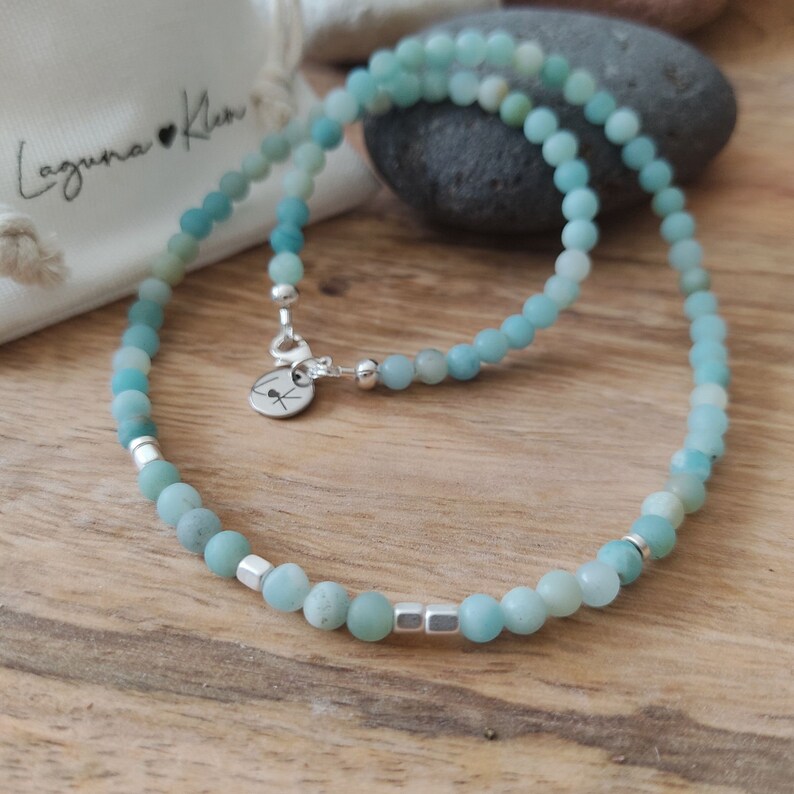 gold or rose gold hematite Dainty blue Amazonite Stone beads and silver Aquamarine beaded Choker necklace with Morse Code Message BREATHE