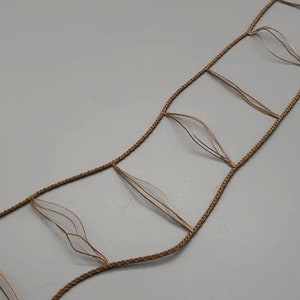 Può includere: Un cordoncino marrone con forme rettangolari trasparenti e sottili attaccate ad esso. Il cordoncino è intrecciato e ha una texture sottile.