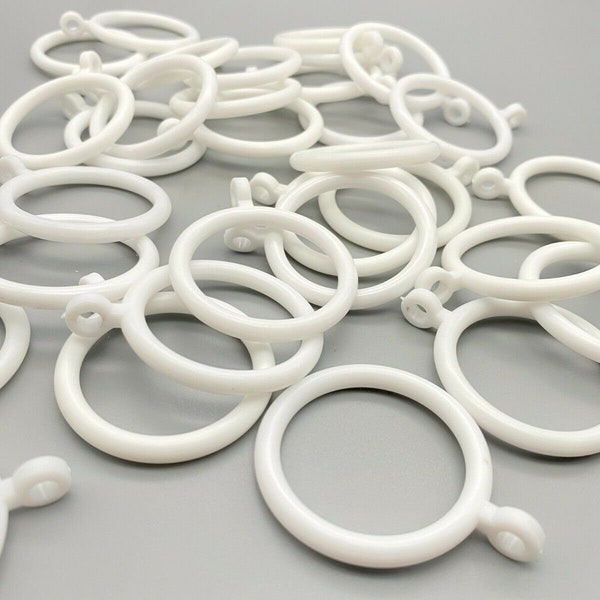 White plastic curtain rings to fit up to 30mm diameter poles