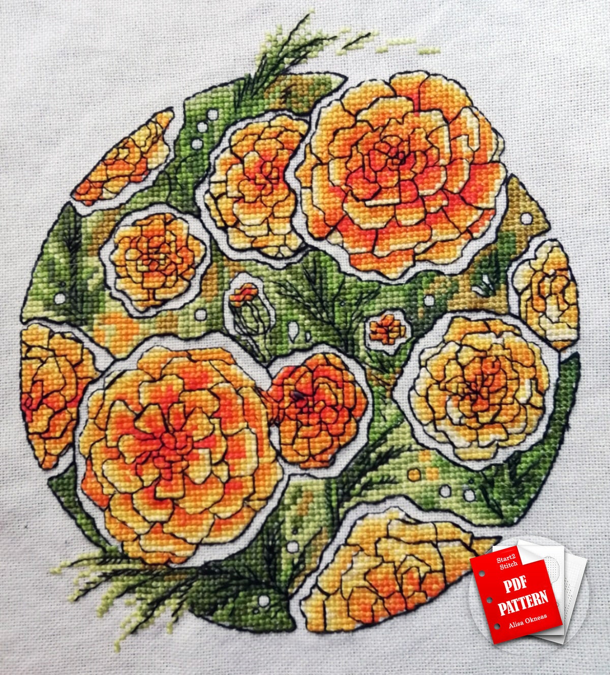 Marigold cross stitch flower pattern Round cross stitch | Etsy