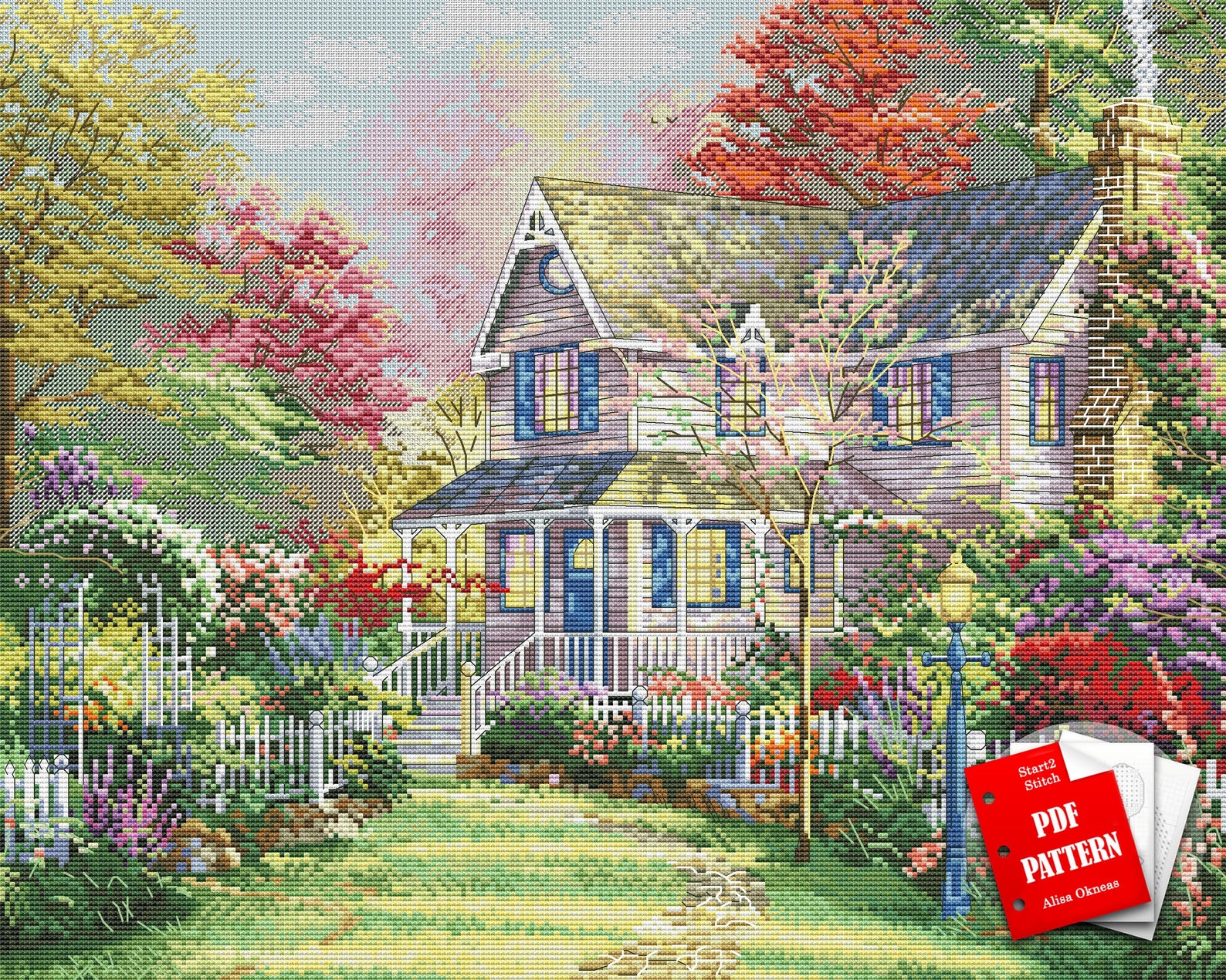 Thomas Kinkade cross stitch house pdf pattern summer cottage Etsy