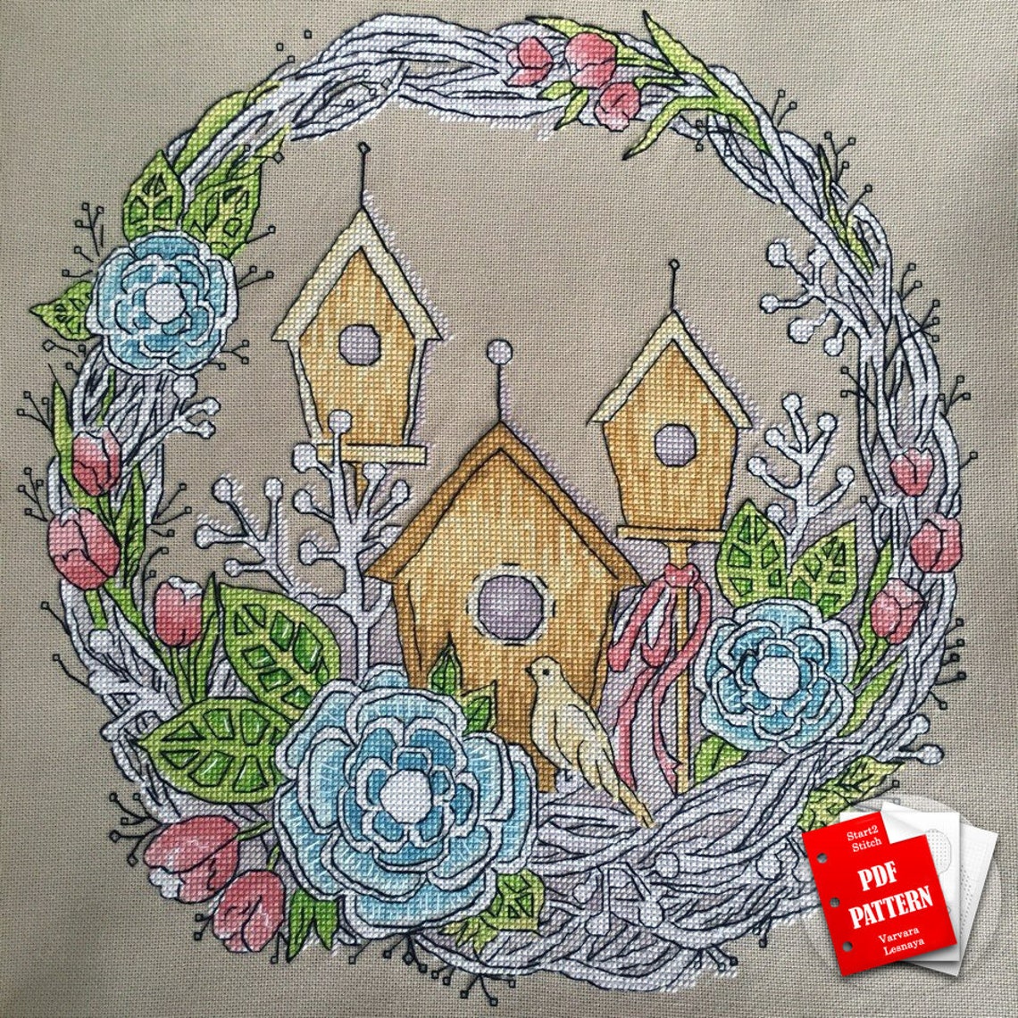 Spring Round Cross Stitch pdf pattern Spring Wreath Etsy