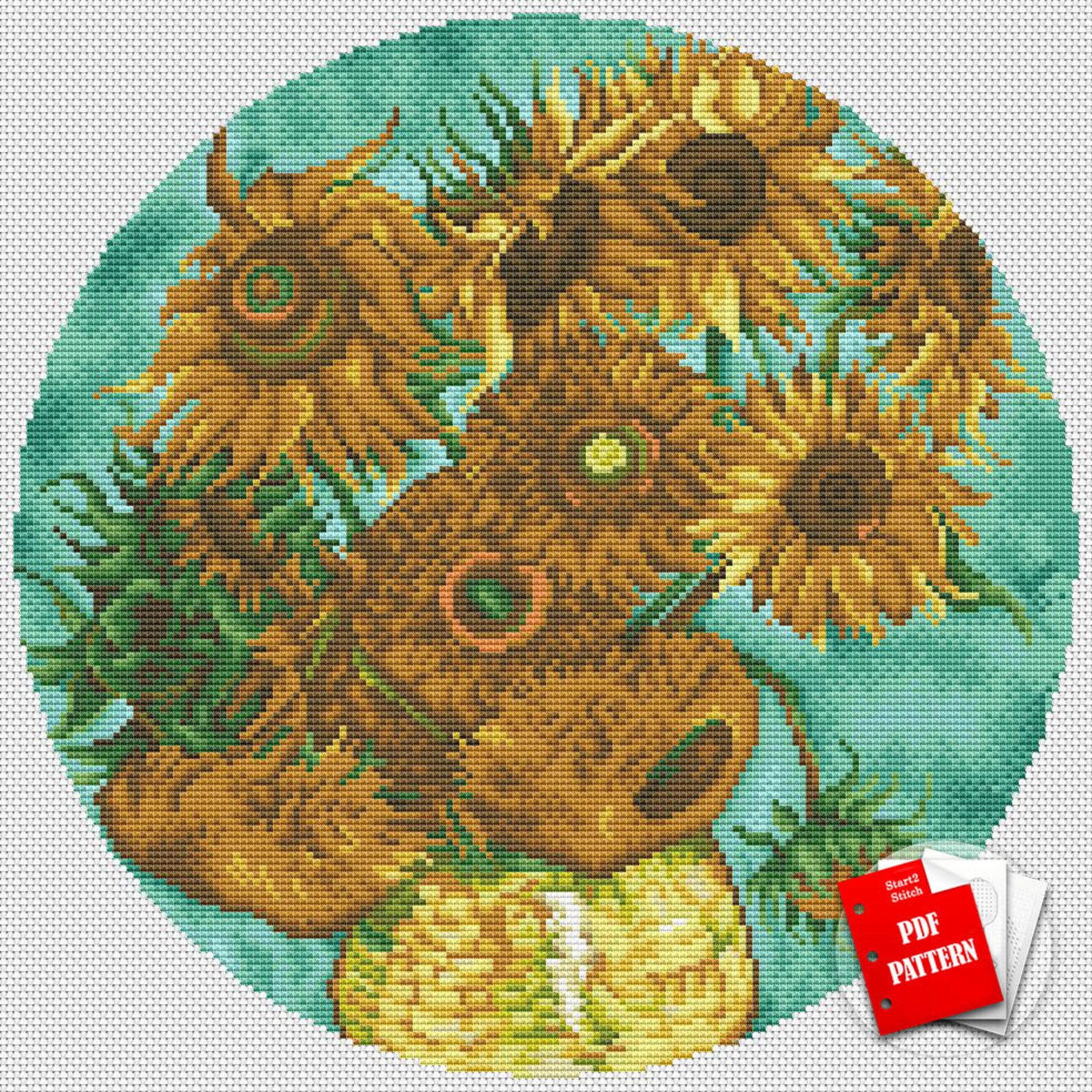 Van Gogh cross stitch Sunflowers pattern pdf Round cross Etsy