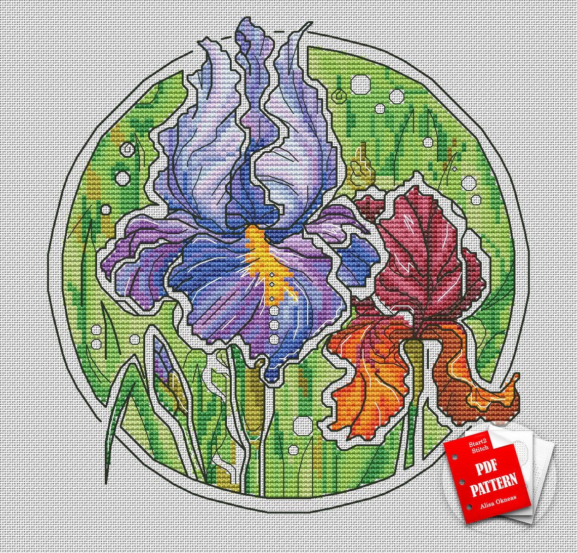 Irises Cross Stitch Flowers Pattern Round Cross Stitch Blue Etsy