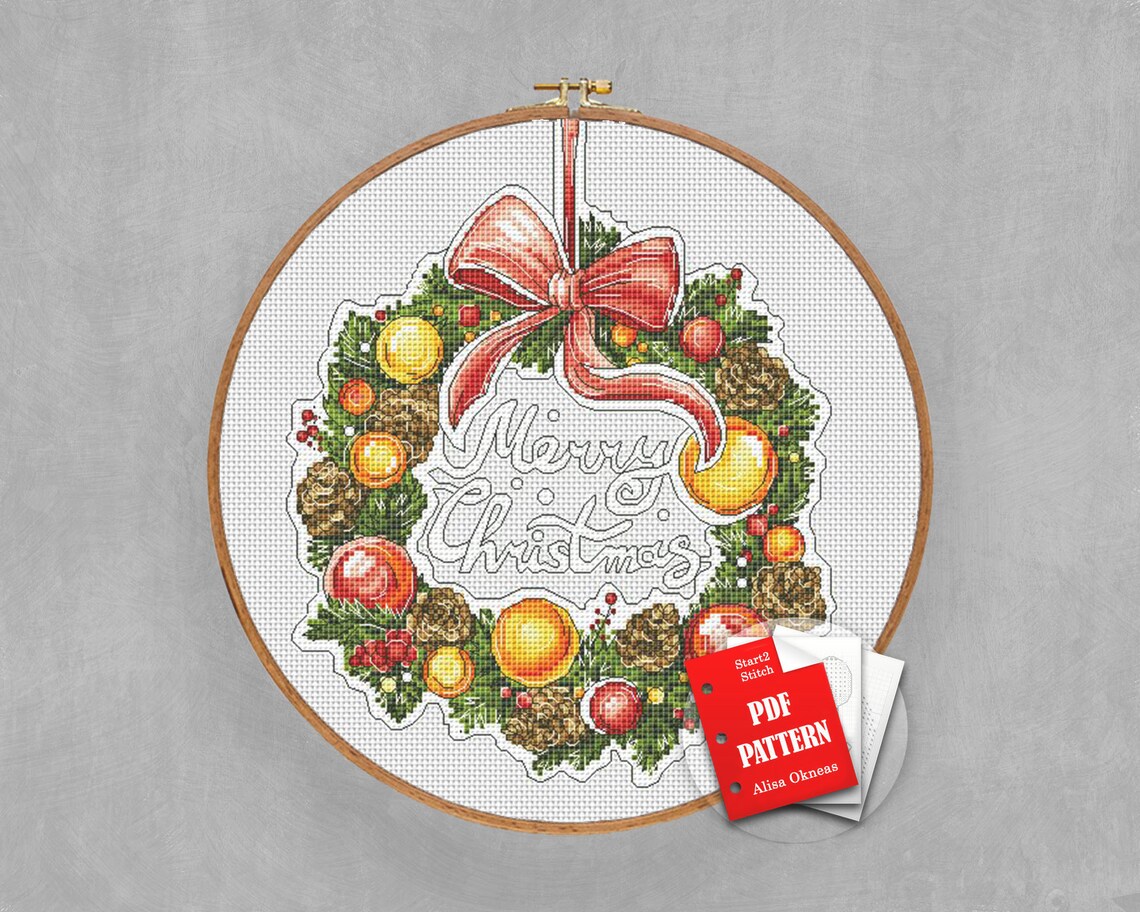 Merry Christmas Cross Stitch Wreath Pdf Pattern Round Crosst Etsy