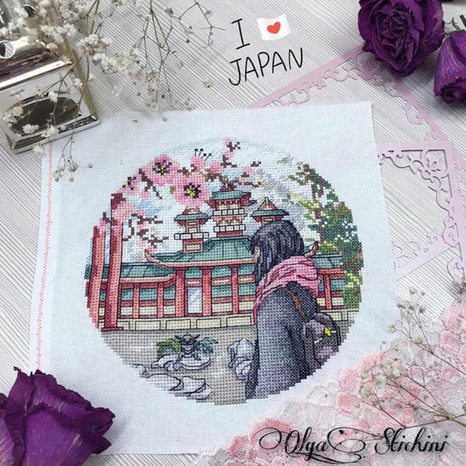 Japan Travel Cross Stitch Sakura Pattern PDF Round Cross Etsy