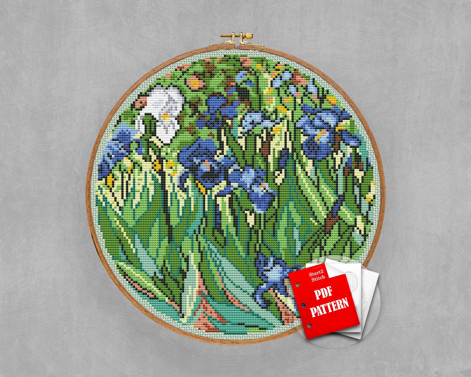 ART NOUVEAU BLUE And Yellow Iris Flower Counted Cross Stitch Pattern $9.79