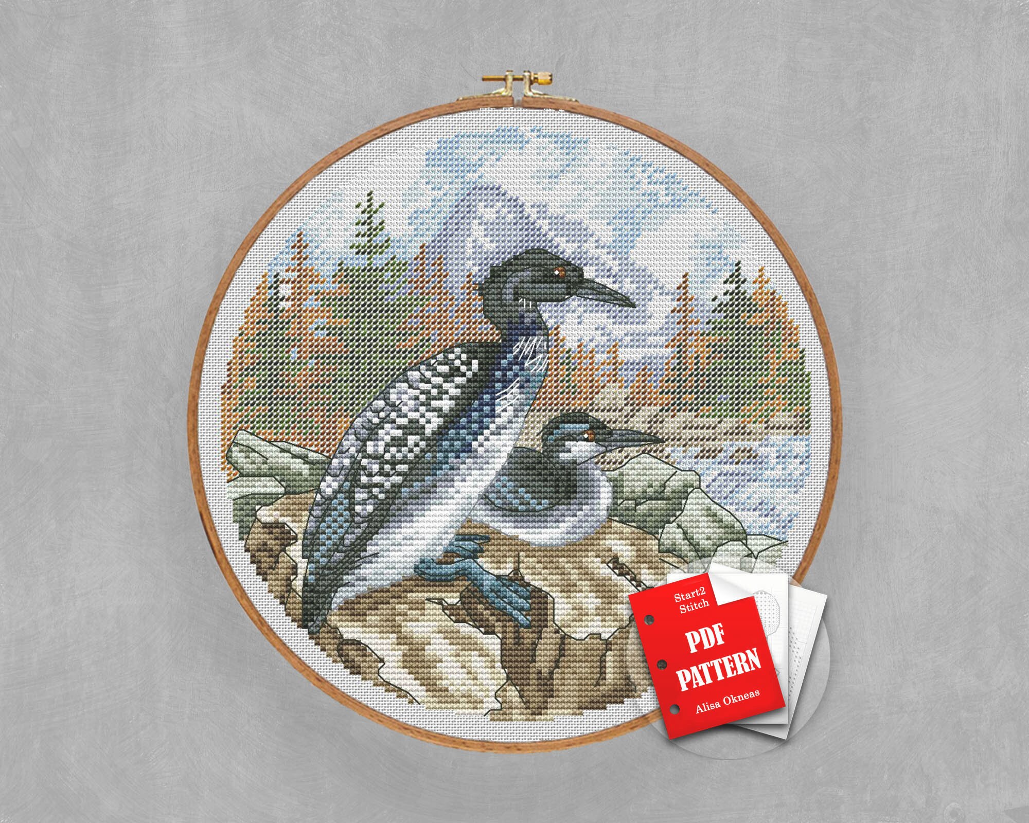 Loons Cross stitch autumn pdf pattern Round cross stitch Etsy