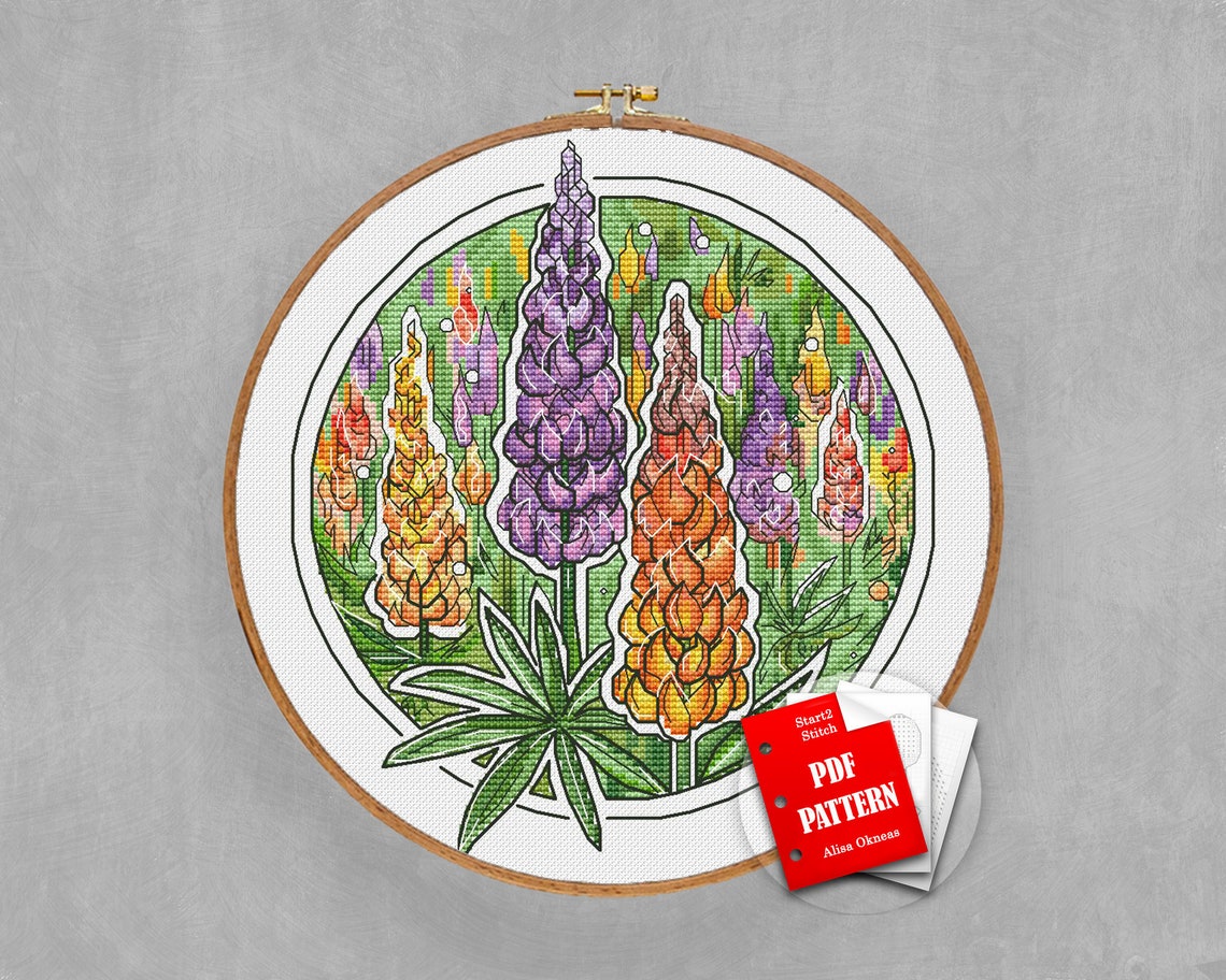 Lupine cross stitch flowers sybju pdf floral round cross  etsy Lupine cross stitch flowers sybju pdf floral round cross  etsy