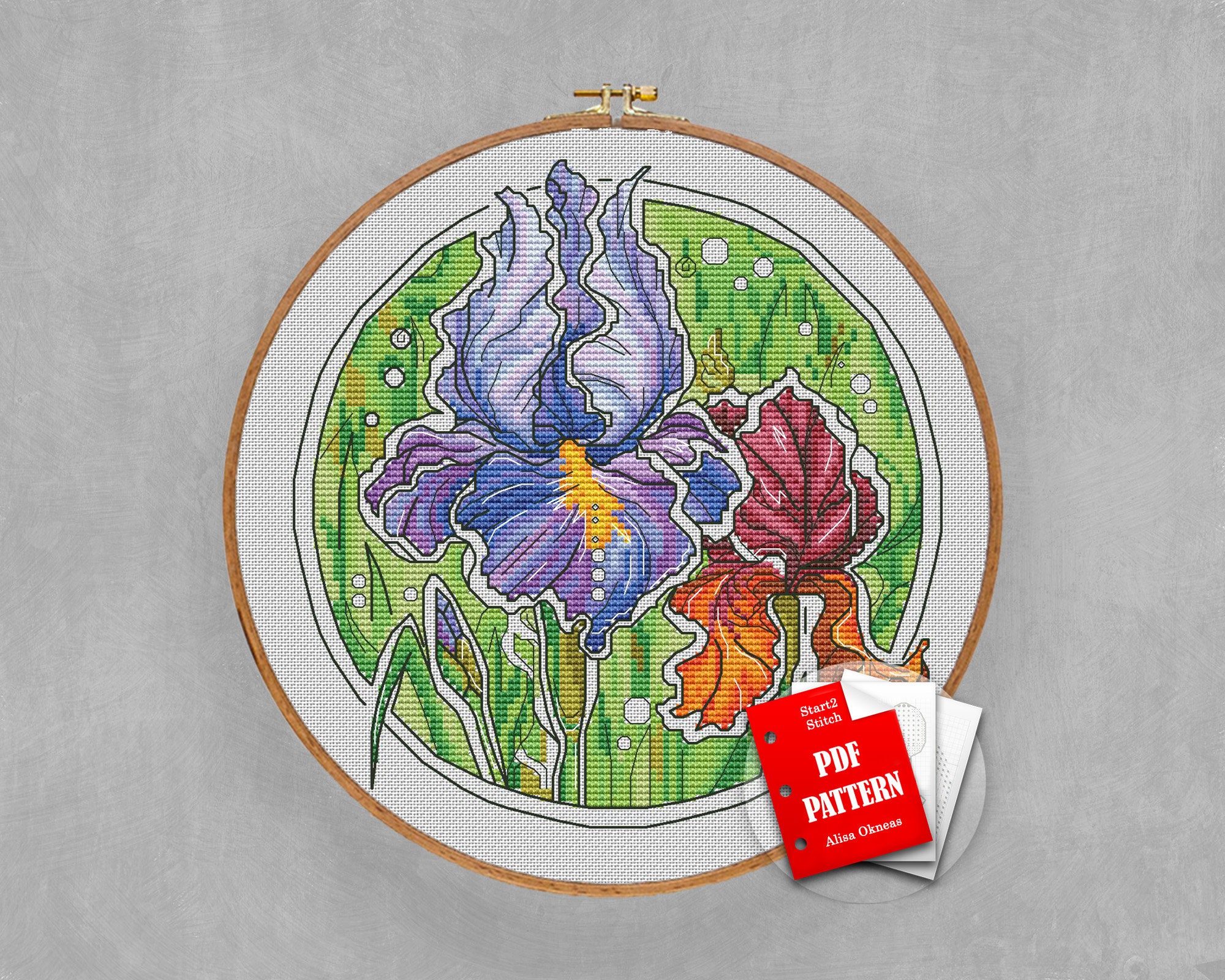 Irises Cross Stitch Flowers Pattern Round Cross Stitch Blue Etsy