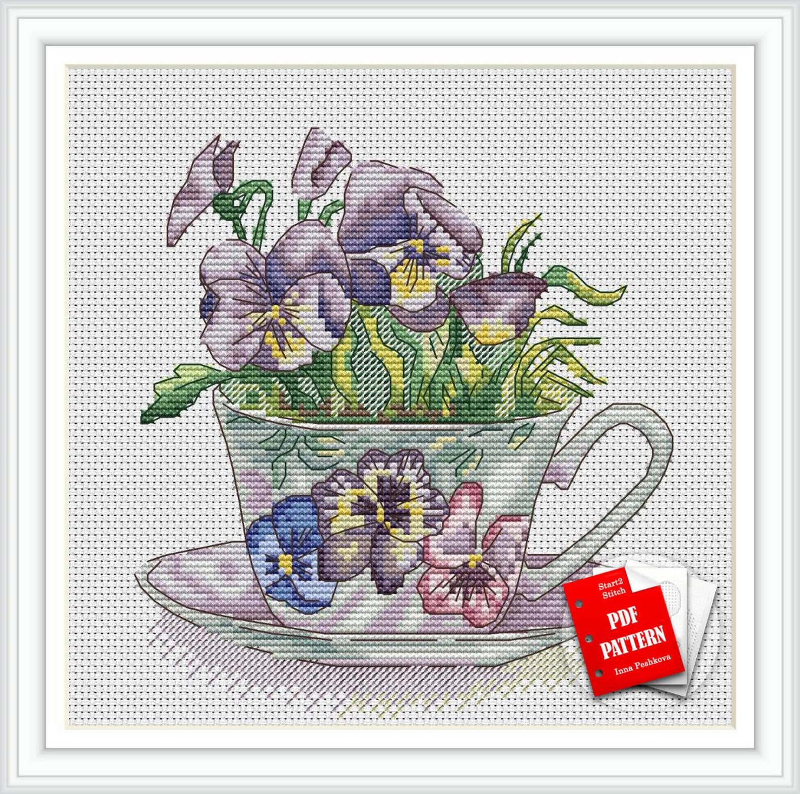 Pansy cross stitch cup pattern pdf Purple cross stitch pansy Etsy