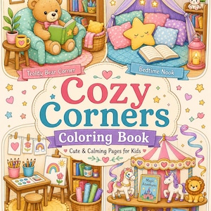 Op de afbeelding: Een kleurboek voor kinderen getiteld "Cozy Corners" met illustraties van een lezende teddybeer, een bedhoek, een kunstenaarshoek en een draaimolen. Het boek is voor kinderen van 4-8 jaar en is een printbare PDF.