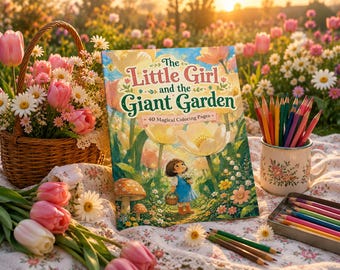 Kleurboek The Little Girl and the Giant Garden voor kinderen, knusse verhalenboek kleurplaten, avontuur grote bloementuin, afdrukbare pdf
