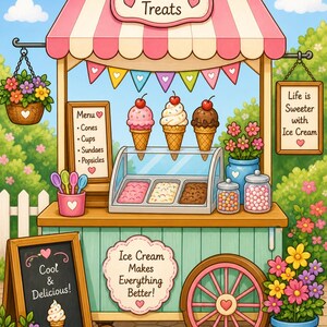 Op de afbeelding: Een kleurrijke illustratie van een ijskar met een roze en witte gestreepte luifel. De kar heeft drie ijshoorntjes met kersen, een menu en de tekst "Sweet Treats". Het bord zegt "Cool & Delicious!" en "Ice Cream Makes Everything Better!"