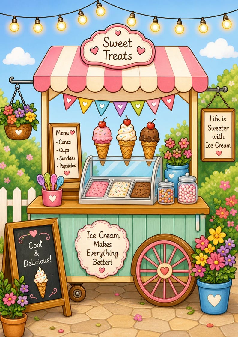 Op de afbeelding: Een kleurrijke illustratie van een ijskar met een roze en witte gestreepte luifel. De kar heeft drie ijshoorntjes met kersen, een menu en de tekst "Sweet Treats". Het bord zegt "Cool & Delicious!" en "Ice Cream Makes Everything Better!"