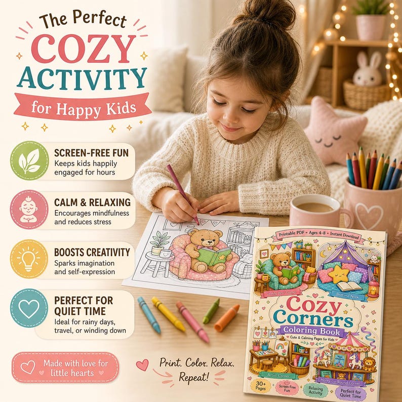 Op de afbeelding: Een kind kleurt in een "Cozy Corners" kleurboek met kleurpotloden. De kaft van het boek toont een teddybeer die leest in een gezellige omgeving. De afbeelding promoot schermvrij plezier, rust, creativiteit en rustige activiteiten.