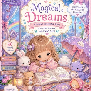 Może przedstawiać: Kolorowanka Kawaii zatytułowana "Magical Dreams" z ilustracjami dziewczynki, kr&oacute;lika, misia i smoka. Okładka przedstawia dziewczynkę z oł&oacute;wkiem, otoczoną uroczymi postaciami, oraz tekst "For Cozy Nights and Rainy Days".