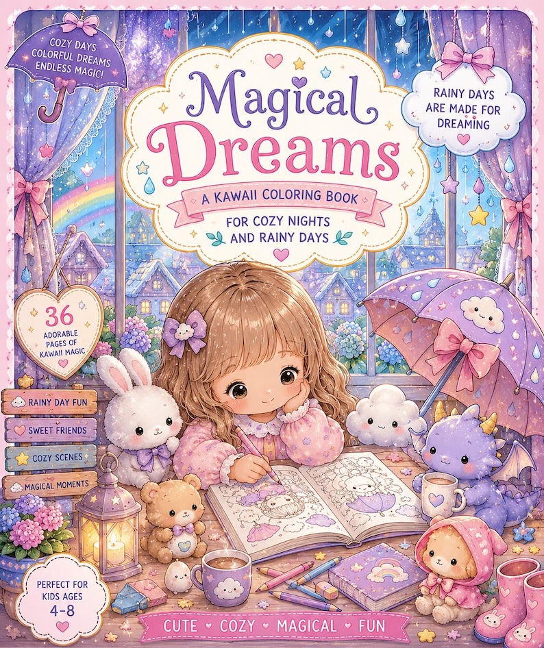 Może przedstawiać: Kolorowanka Kawaii zatytułowana "Magical Dreams" z ilustracjami dziewczynki, kr&oacute;lika, misia i smoka. Okładka przedstawia dziewczynkę z oł&oacute;wkiem, otoczoną uroczymi postaciami, oraz tekst "For Cozy Nights and Rainy Days".