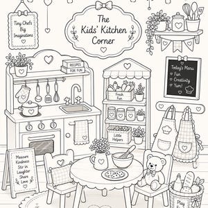 Op de afbeelding: Zwart-wit illustratie van een kinderkookset. De set bevat een fornuis, een gootsteen, een tafel, stoelen en een marktkraam. Tekst bevat "Tiny Chefs Big Imaginations" en "The Kids' Kitchen Corner."
