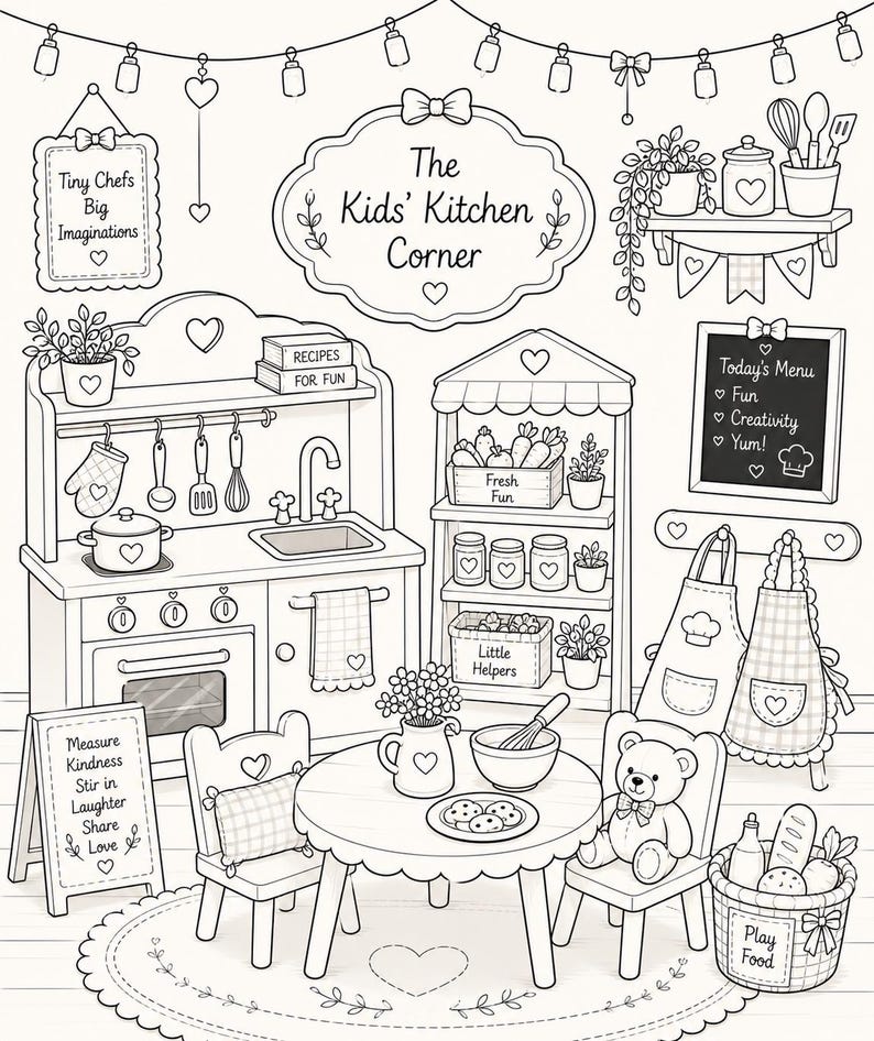 Op de afbeelding: Zwart-wit illustratie van een kinderkookset. De set bevat een fornuis, een gootsteen, een tafel, stoelen en een marktkraam. Tekst bevat "Tiny Chefs Big Imaginations" en "The Kids' Kitchen Corner."
