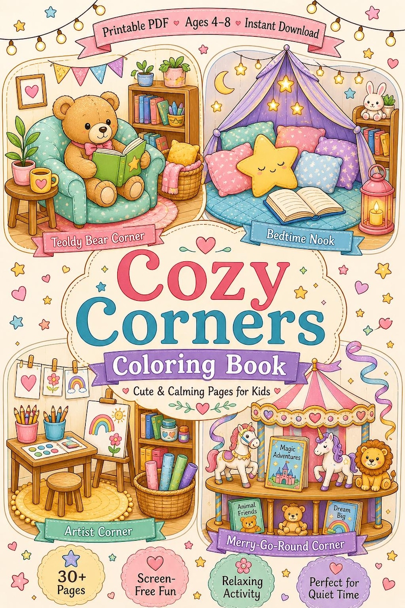 Op de afbeelding: Een kleurboek voor kinderen getiteld "Cozy Corners" met illustraties van een lezende teddybeer, een bedhoek, een kunstenaarshoek en een draaimolen. Het boek is voor kinderen van 4-8 jaar en is een printbare PDF.