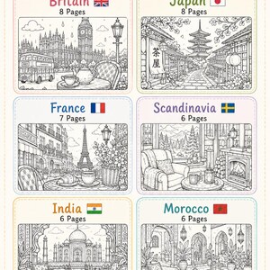 May include: A colouring book titled "What's Inside" presents illustrations of Britain, Japan, France, Scandinavia, India, and Morocco. Each country has a page count. The image also includes a passport illustration, and the text "Colour Your Passport".